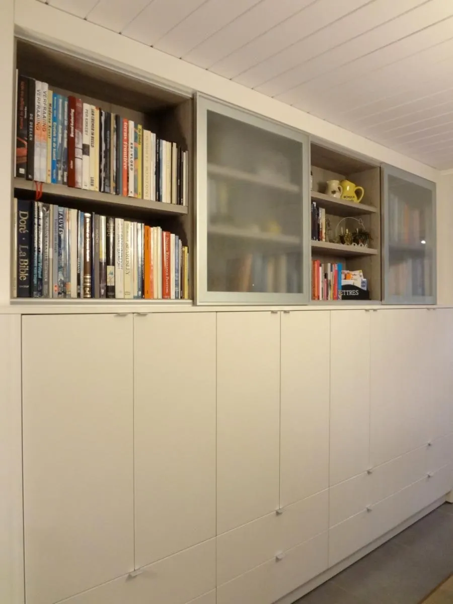 Kastenwand onder een schuin plafond met open boekenrekken en glazen deuren